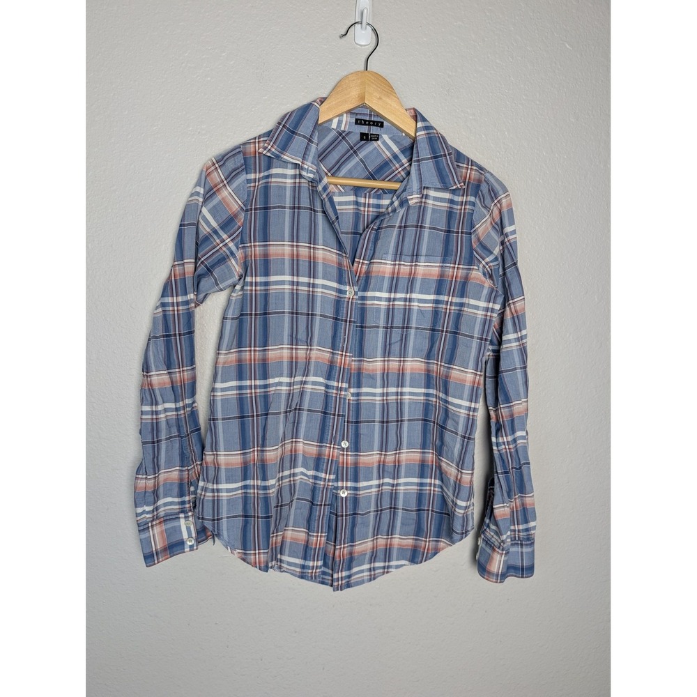 Theory Shirt Mens S Blue Plaid Button-Up Long Sleeve Collared Slim Fit Cotton